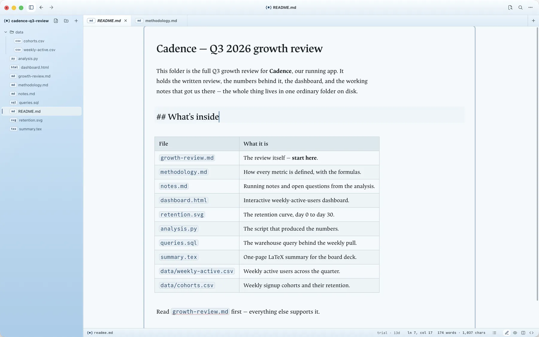 A Markdown note open in Superset Files, rendered on the reading surface inside a folder the user already keeps, with a heading being edited inline.